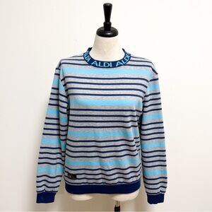 Aldi Gear Heather Grey Blue Stripe Logo Crew Neckline Sweatshirt Unisex Medium